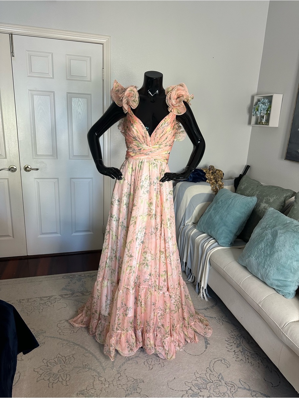 Mac Duggal Pink Floral Ruffle-Shoulder V-Neck Gown